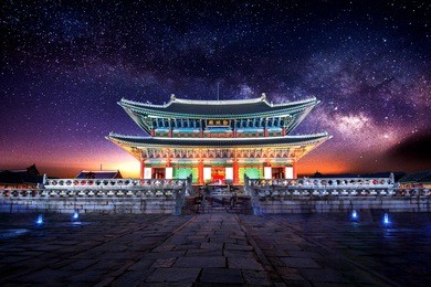 gyeongbokgung palace and milky way galaxy in seoul, south korea.