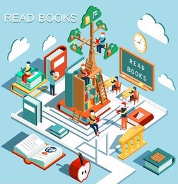 the concept of learning, read books in the library, tree of knowledge, isometric flat design illustration