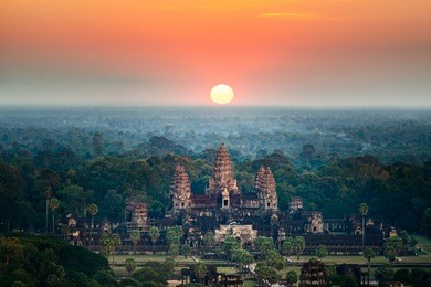 beautiful aerial view of angkor wat at sunrise, siem reap, cambodia