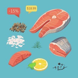 salmon steak fish. fresh organic seafood vector illustration. delicious trout with lemon slice and spicy herb for restaurant business.
