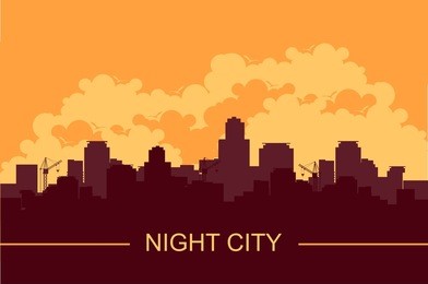 vector illustration of a panoramic image of an evening city sunset silhouette of houses