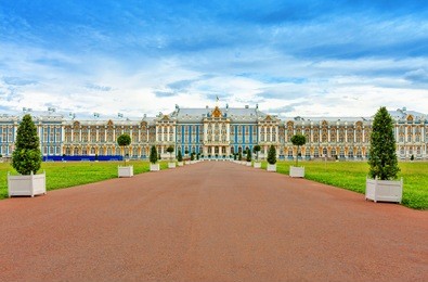 the catherine palace, located in the town of tsarskoye selo (pushkin), st. petersburg, russia