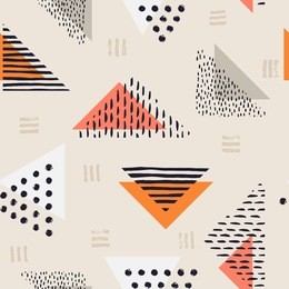 the seamless colorful pattern with geometric shapes. triangles, crosses, circles. hand drawn overlapping background for your design. textile, blog decoration, banner, poster, wrapping paper.
