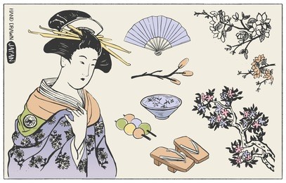 set of japanese design elements. geisha woman illustration. hand drawn vector illustration.