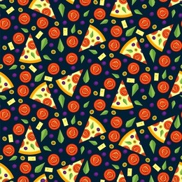 seamless pattern of pizza slices with ingredients. bright seamless background of vector slices of pizza in a flat style. vector illustration.