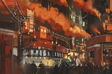 sci-fi scene of cyberpunk cityscape,illustration painting