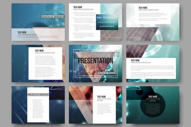 set of 9 vector templates for presentation slides. dna molecule structure on a green background. science vector background.