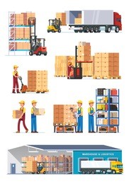 logistics illustrations collection. warehouse center, loading trucks, forklifts and workers. modern flat style vector illustration isolated on white background.