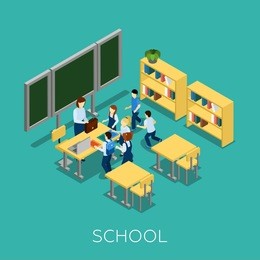 school and learning isometric concept with teacher and children on blue background vector illustration