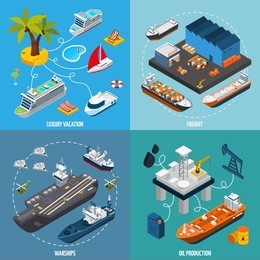 oil tanker and luxury vacation passenger liner vessels 4 isometric icons square composition poster abstract isolated vector illustration