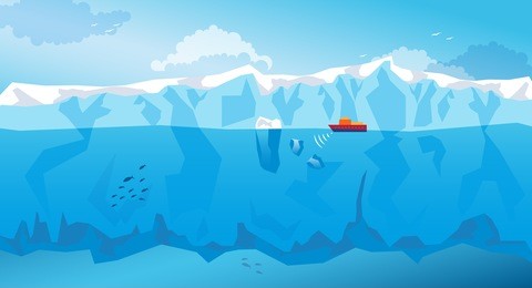background with long iceberg and red ship. vector