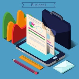 modern business life isometric concept with smart phone, charts and documents. vector illustration