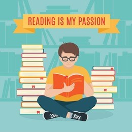 young man sitting read his favorite book . education and school, study and literature. flat young man sitting in the library and reading a book. vector illustration. 