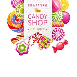 paper candy shop label with type design and candies