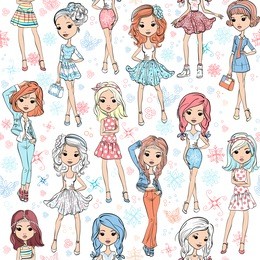 seamless background with cute beautiful fashionable hipster girl in summer dresses, jackets and skirts. 