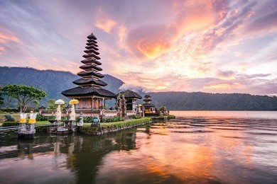 pura ulun danu bratan, hindu temple on bratan lake landscape, one of famous tourist attraction in bali, indonesia