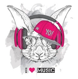 the image of the rabbit in the glasses, headphones and in hip-hop hat. vector illustration.
