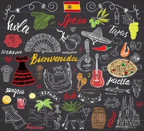 spain doodles elements. hand drawn set with spanish lettering, food paella, shrimp, olive, grape, fan, wine barrel, guitars, music instruments, dresses, bull, rose, flag and map. doodle on chalkboard.