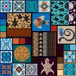 mega set inspired by tattoo maori arts. boho style seamless patterns. hand drawn tortillas, fish, sun, snakes. ethnic borders, fantasy flowers, tile ornaments. ethnic textile collection. blue palette.