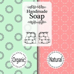 vector set of seamless patterns, labels and logo design templates for hand made soap packaging and wrapping paper. homemade , handmade, natural, organic 