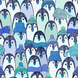 blue seamless pattern with cute hand drawn penguins in hats and scarfs. funny penguin background.