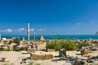 tunisia. ancient carthage. fragment of antonine baths - large column from frigidarium on left side