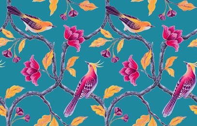 seamless floral pattern, spring flowers and birds background, hand painted chinoiserie wallpaper