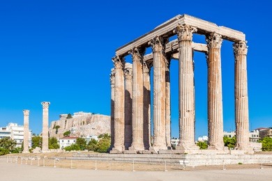 temple of olympian zeus and acropolis hill, athens, greece