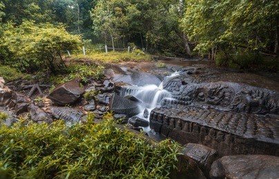 kbal spean the mystery waterfall on kulen mountains range of the ancient khmer empire  in siem reap province of cambodia.