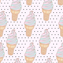 vector seamless background with ice-cream cones and polka dots