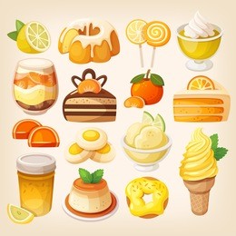set of delicious sweets and desserts with citrus flavors
