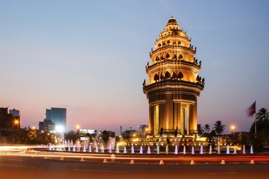 the twilight time at independence monument which is the one of landmark in phnom penh, cambodia