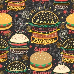 graphic seamless pattern bright tasty burgers on a dark background