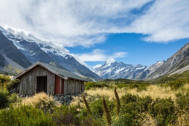 alpine hut on hooker valley track in mount cook national park, new zealand