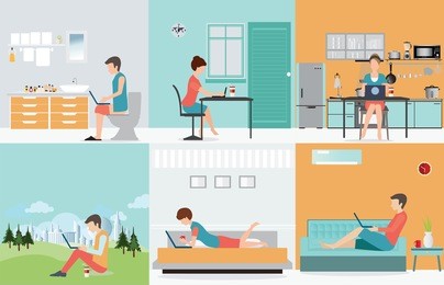 freelance set with various cartoon character design working at home, work from home, self employed, home office, work at home, freedom, in living room, bathroom toilet, conceptual vector illustration.