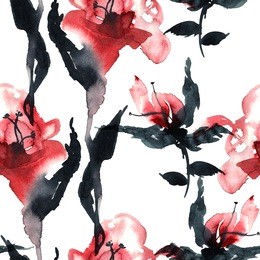 watercolor and ink illustration of red flowers in style sumi-e, u-sin. oriental traditional painting.  seamless pattern.