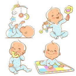 set of babies playing toys. first year games. baby hold teething toy. baby lay on developing play mat  baby look  at mobile toy.colorful vector illustration isolated on white background