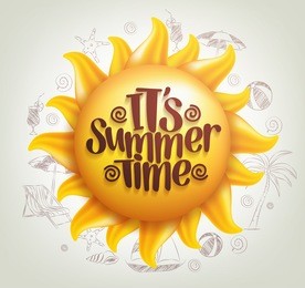 3d realistic sun vector with summer time title in a background with hand drawing summer elements. vector illustration
