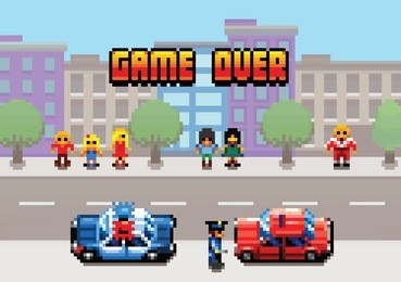 game over - car stopped by the police pixel art video game style retro layer illustration