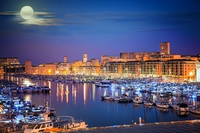 harbor of marseille at night, provence, france