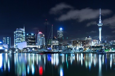 auckland city and skytower at night, skycity, auckland, new zealand