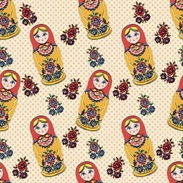 vector seamless classic folklore pattern of russian dolls and flowers.