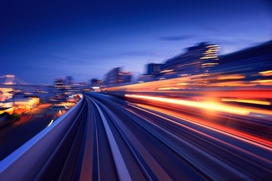 subway tunnel with motion blur of a city from inside, monorail in tokyo