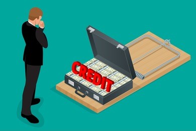businessman thinking about credit.  style money isometric. mousetrap with lot of money in a suitcase. flat 3d isometric business concept. 