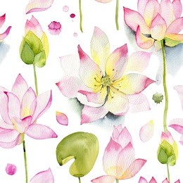 lilies and lotuses on a white background. pink lotus flowers watercolor seamless pattern. watercolor pattern. flowers pattern.