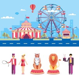 set stock vector illustration isolated city street with amusement park, circus tent, ferris wheel, cartoon tamer, assistant, lion, tiger, magician, rabbit flat style element infographic, website, icon