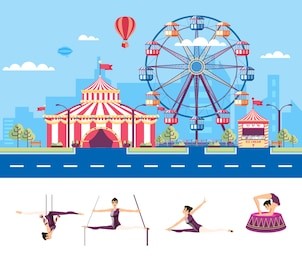 set stock vector illustration isolated city street with amusement park, tent, ferris wheel, cartoon air gymnast, acrobat, circus performer in flat style element infographic, website, icon