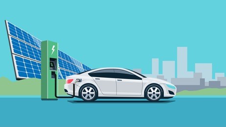flat vector illustration of a white electric car charging at the charger station in front of the solar panel plant. electromobility e-motion concept with city skyline in the background.