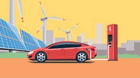 flat vector illustration of a red electric car charging at the charger station in front of the solar panels and wind turbines. city skyline in the background. warm retro feeling.
