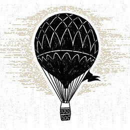 hand drawn textured vintage icon with hot air balloon vector illustration.